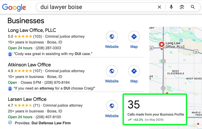 DUI and criminal defense lawyer ranking in Google search results