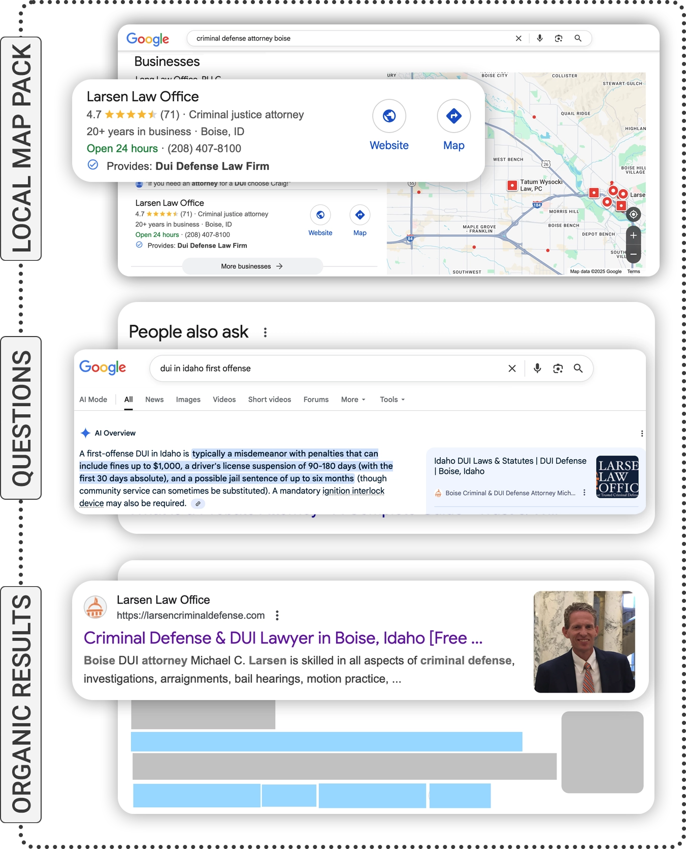 Google search results showing a criminal defense law firm ranking at the top