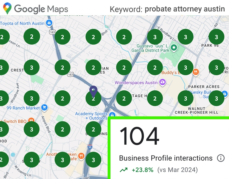 Google Maps ranking report showing a probate lawyer dominating local results