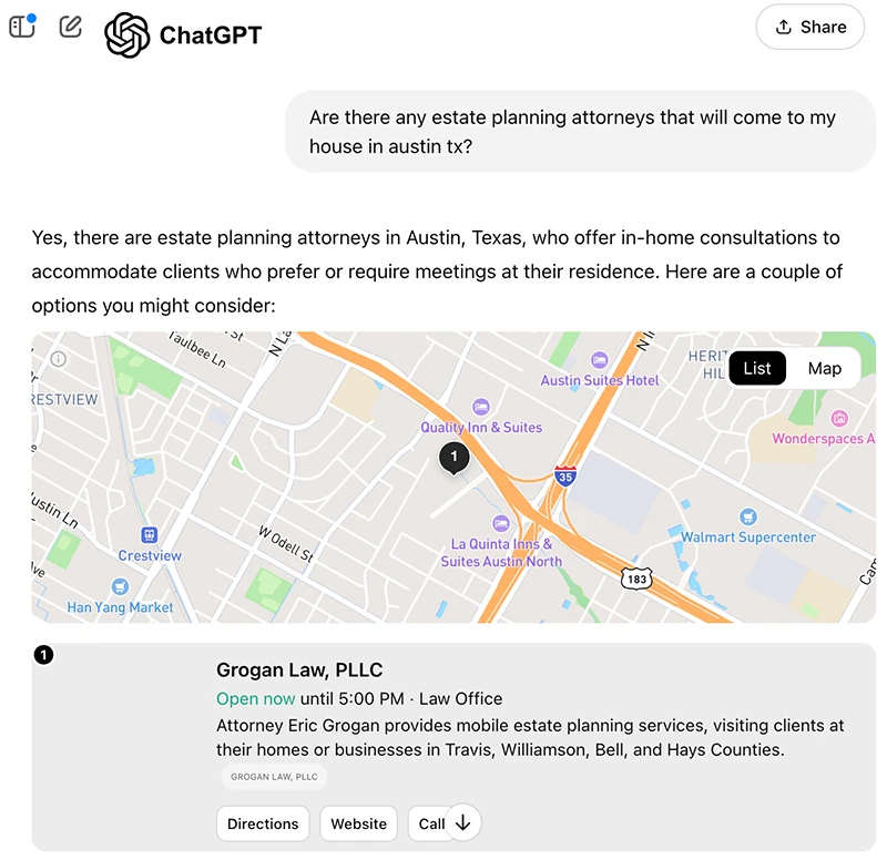 ChatGPT recommending a lawyer in an AI search