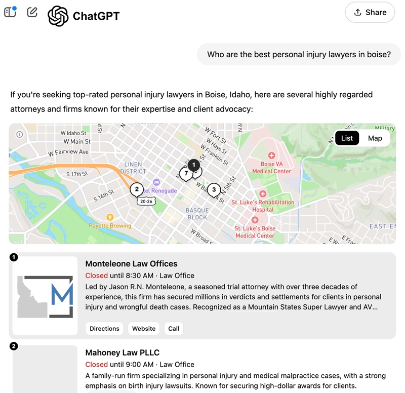 ChatGPT recommending a personal injury lawyer in an AI search