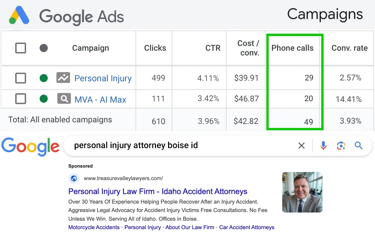 Google Ads campaign results for a personal injury attorney