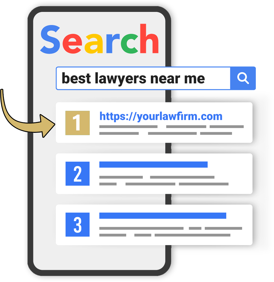 Phone mockup showing a law firm ranking first in mobile search results