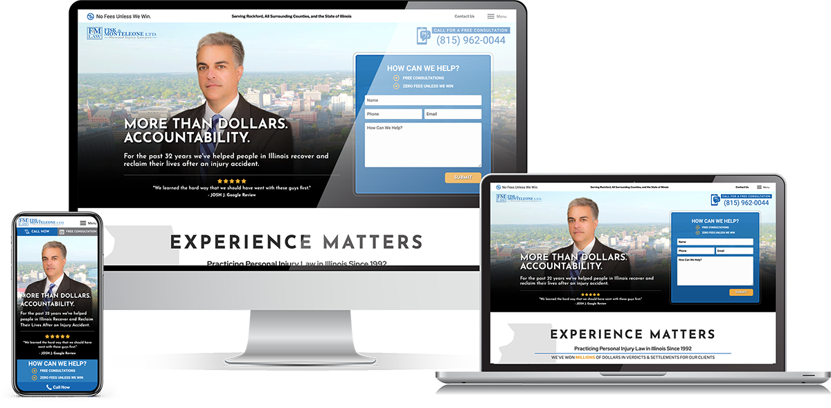Law firm marketing shown across desktop, laptop, and mobile devices