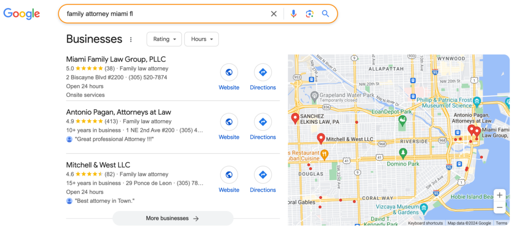 google maps results for family attorney miami fl